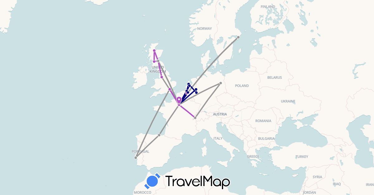 TravelMap itinerary: driving, plane, train in Belgium, Switzerland, Germany, Spain, France, United Kingdom, Netherlands, Portugal, Sweden (Europe)